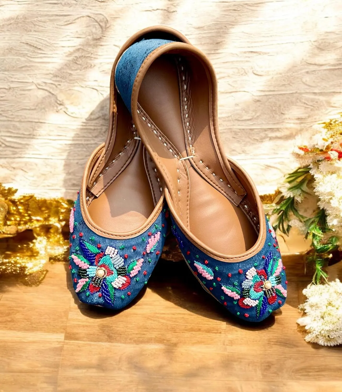 Women's Slip On Traditional Handmade Khussa Bridal Mojari Punjabi Jutti Ethnic Ballet Flats