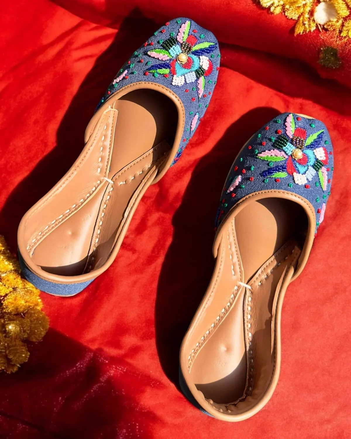 Women's Slip On Traditional Handmade Khussa Bridal Mojari Punjabi Jutti Ethnic Ballet Flats