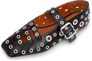 Women's Square Toe Ballet Flats Studded Metal Eyelet Perforated Hollow Out Buckle Mary Janes Shoes