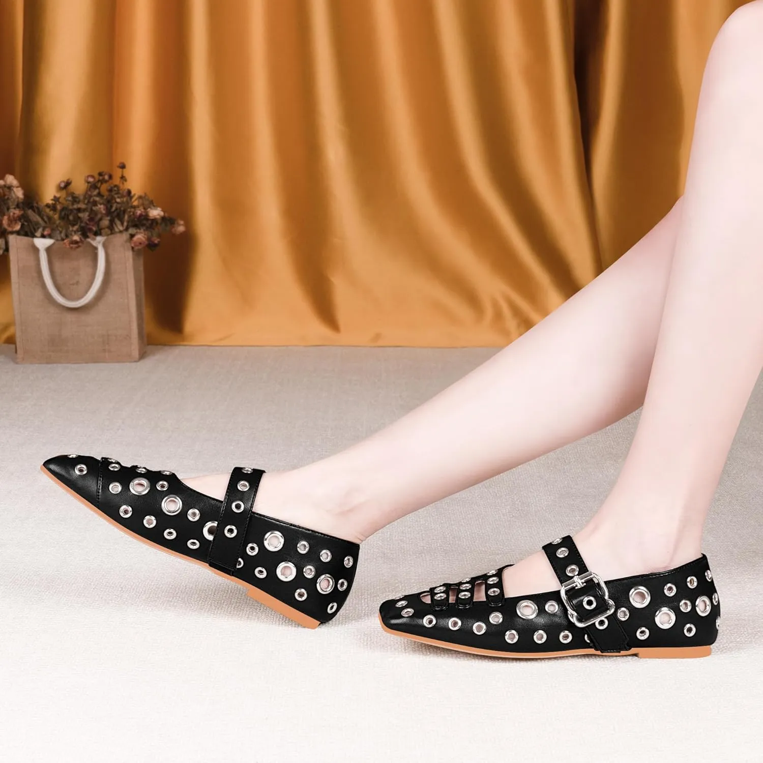 Women's Square Toe Ballet Flats Studded Metal Eyelet Perforated Hollow Out Buckle Mary Janes Shoes