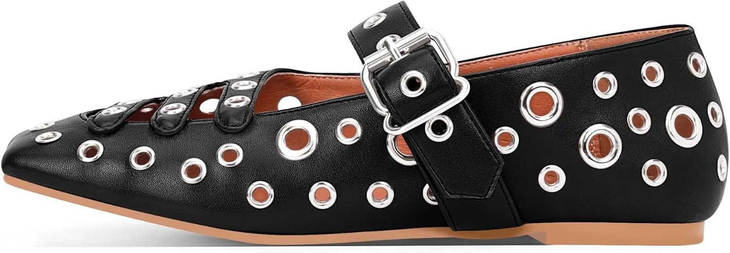 Women's Square Toe Ballet Flats Studded Metal Eyelet Perforated Hollow Out Buckle Mary Janes Shoes
