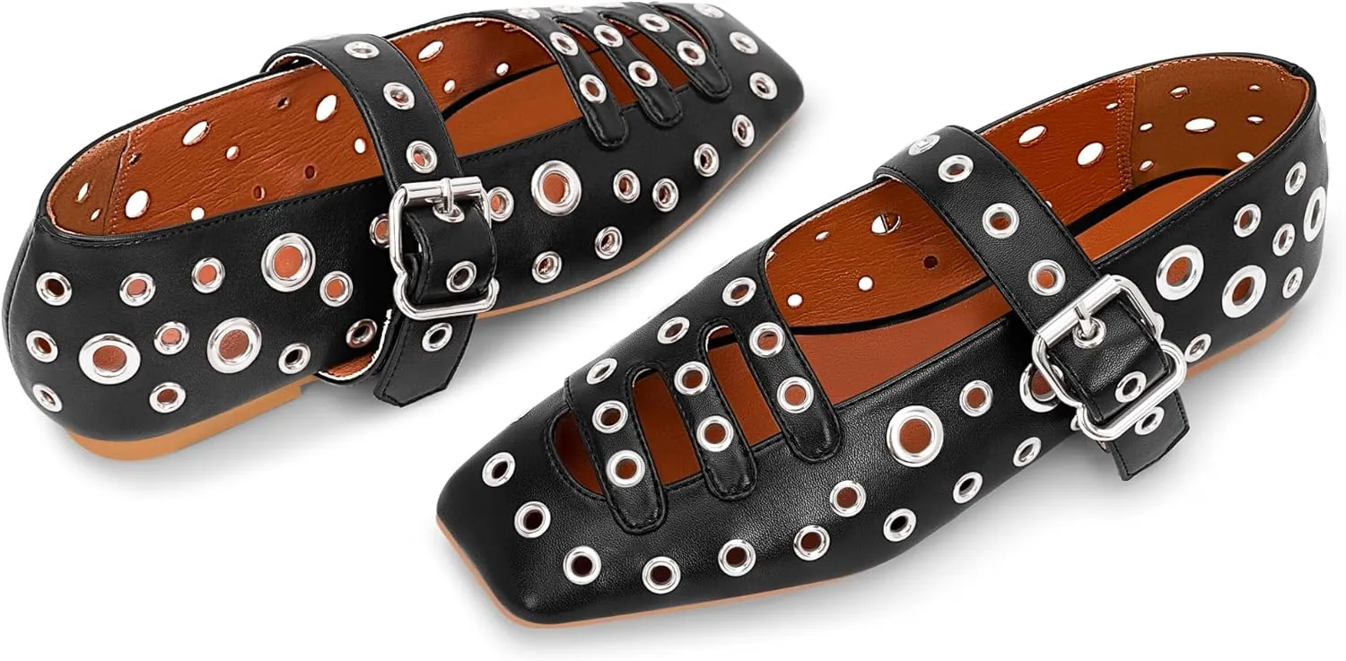 Women's Square Toe Ballet Flats Studded Metal Eyelet Perforated Hollow Out Buckle Mary Janes Shoes