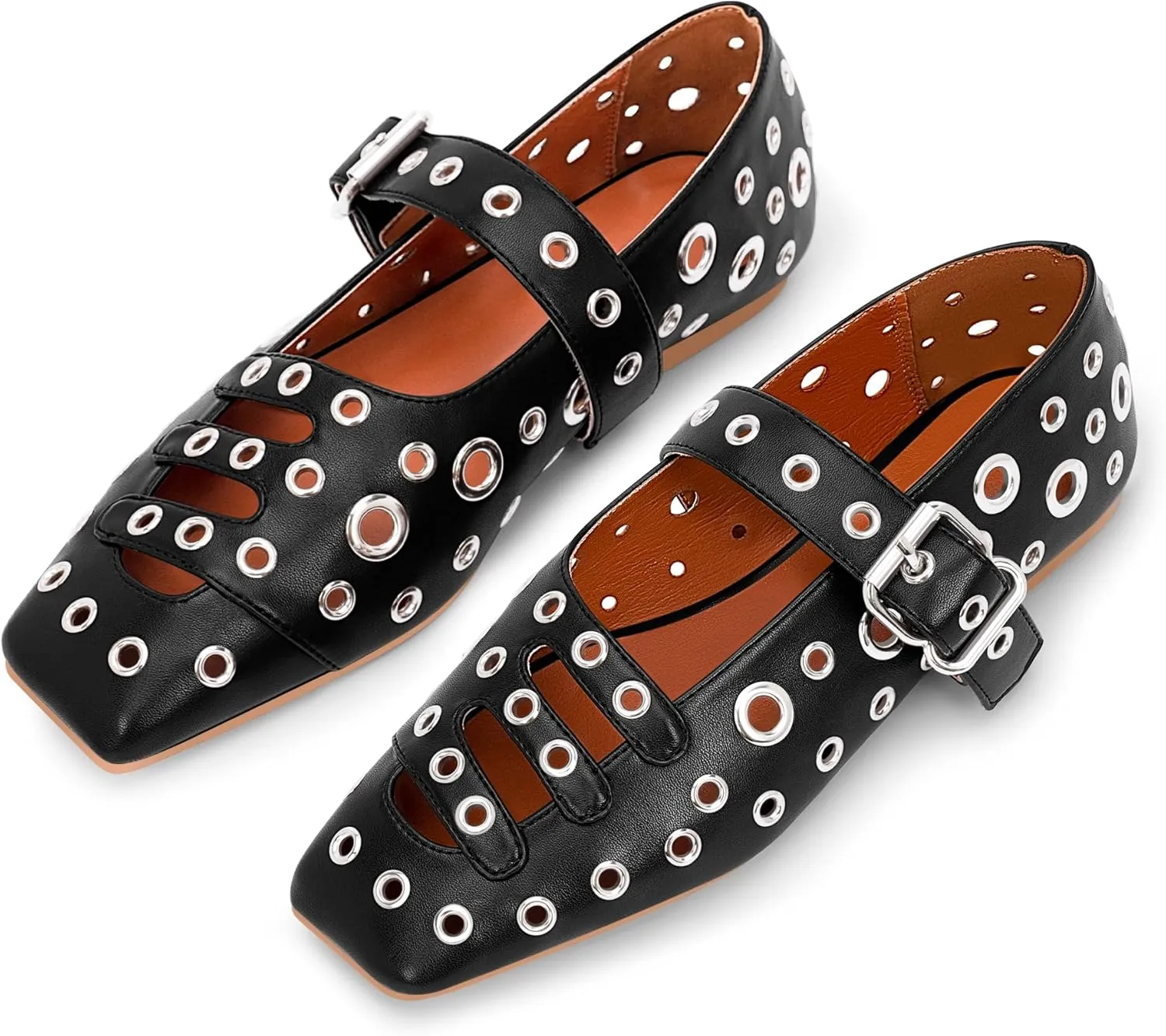 Women's Square Toe Ballet Flats Studded Metal Eyelet Perforated Hollow Out Buckle Mary Janes Shoes