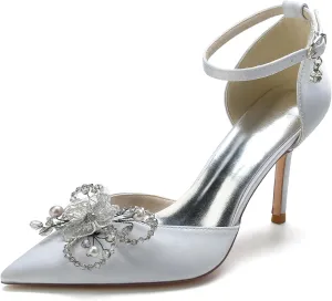 Women's Stiletto High Heel Bridal Shoes Satin Flower Pearls Closed Toe Wedding Dress Pumps Ankle Strap Prom Party Sandals
