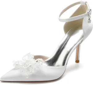 Women's Stiletto High Heel Bridal Shoes Satin Flower Pearls Closed Toe Wedding Dress Pumps Ankle Strap Prom Party Sandals