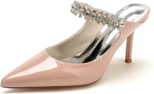 Women's Stiletto Kitten Heel Slingback Pumps with Pointed Toe and Rhinestones – 3.34-Inch Heels, Patent Leather Dress Shoes for Office