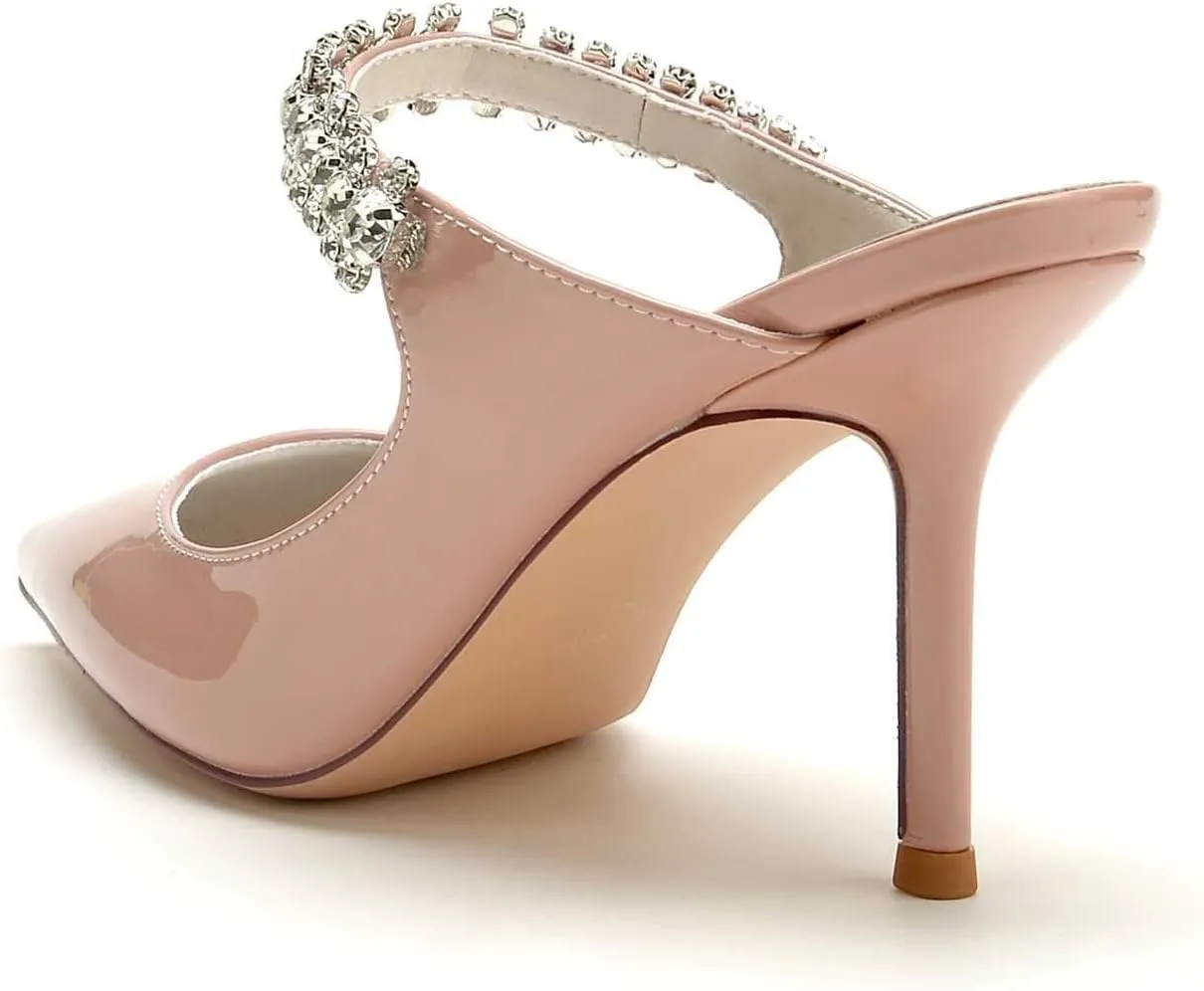 Women's Stiletto Kitten Heel Slingback Pumps with Pointed Toe and Rhinestones – 3.34-Inch Heels, Patent Leather Dress Shoes for Office