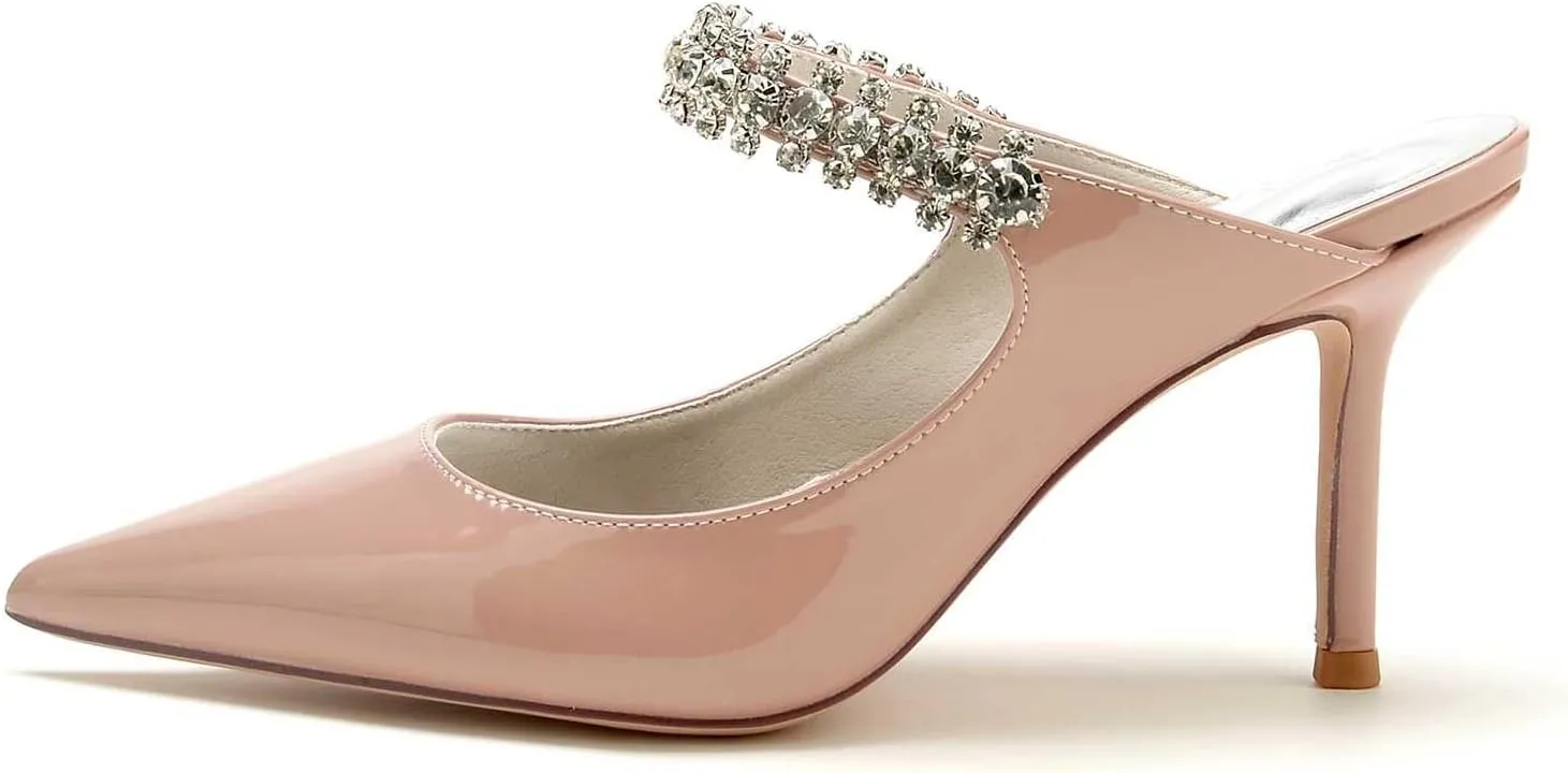 Women's Stiletto Kitten Heel Slingback Pumps with Pointed Toe and Rhinestones – 3.34-Inch Heels, Patent Leather Dress Shoes for Office