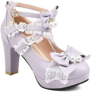 Women's Sweet Cute Bow Lolita Shoes Mary Jane Chunky Heels Platform Round Toe Heels Ankle Strap Buckle Lace Cross Tie Dress Pumps