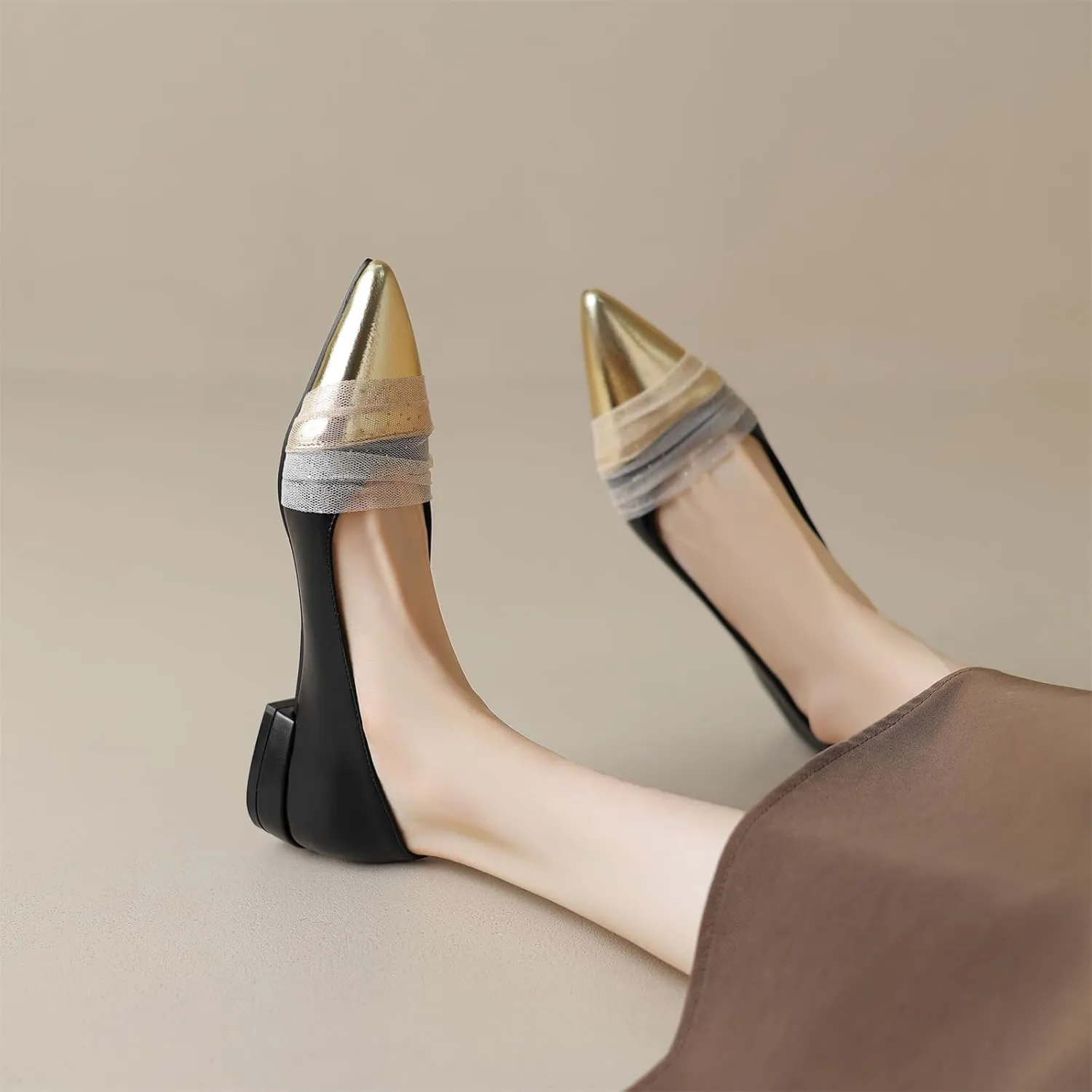 Women's Sweet Tulle Mesh Strap Cap Pointed Closed Toe Flats Pull-On Chunky Low Block Heeled Classic Work Office Church Concise Casual Comfort Dress Business Party Shopping Shoes