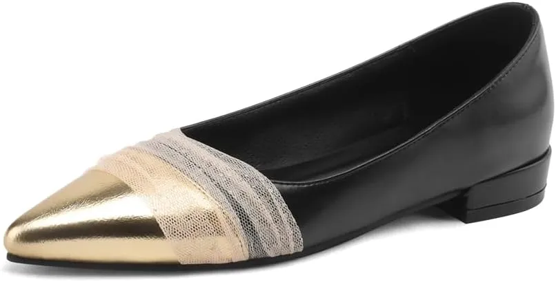 Women's Sweet Tulle Mesh Strap Cap Pointed Closed Toe Flats Pull-On Chunky Low Block Heeled Classic Work Office Church Concise Casual Comfort Dress Business Party Shopping Shoes