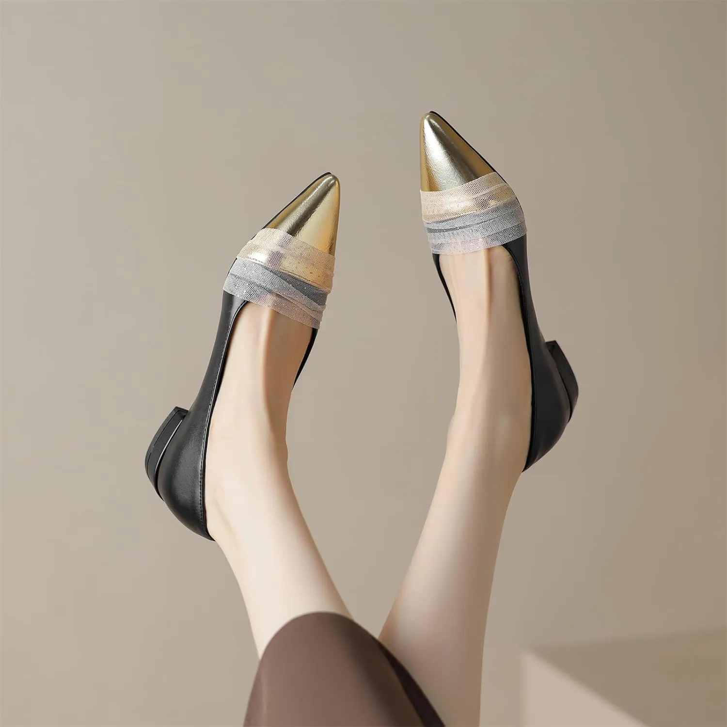Women's Sweet Tulle Mesh Strap Cap Pointed Closed Toe Flats Pull-On Chunky Low Block Heeled Classic Work Office Church Concise Casual Comfort Dress Business Party Shopping Shoes