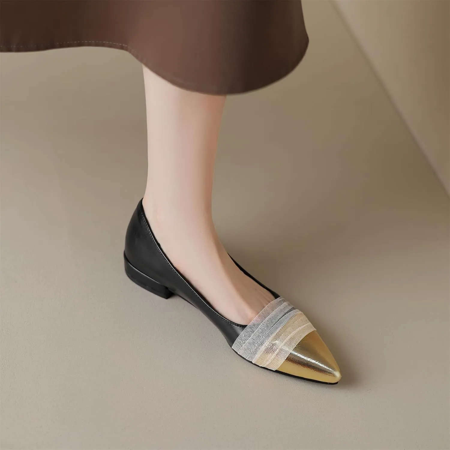 Women's Sweet Tulle Mesh Strap Cap Pointed Closed Toe Flats Pull-On Chunky Low Block Heeled Classic Work Office Church Concise Casual Comfort Dress Business Party Shopping Shoes