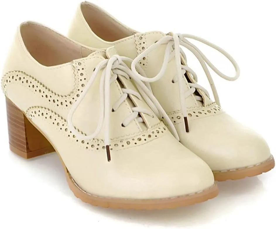 Women's Vintage Lace Up Pump Oxfords Round Toe Two Tone Wingtip Block Low Heel Brogues Dress Shoes