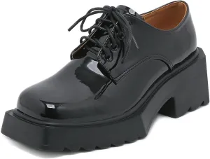 Womens Vintage Patent Leather Square Toe Platform Oxford Shoes Lace Up Non-Slip Lug Sole Fashion Goth Y2K Comfort Chunky Heel Work Office Shoes