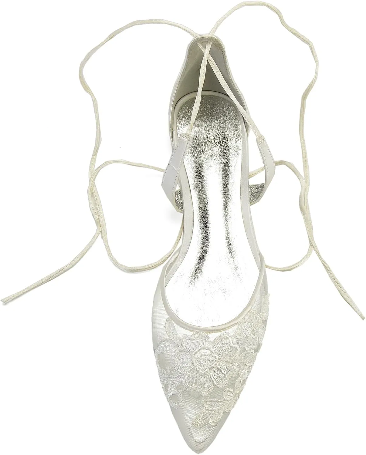 Women's Wedding Flat Satin Closed Mouth Ribbon Tie Ballet Flats Bridal Party Dress Shallow Shoes Ivory Bridal Sandals