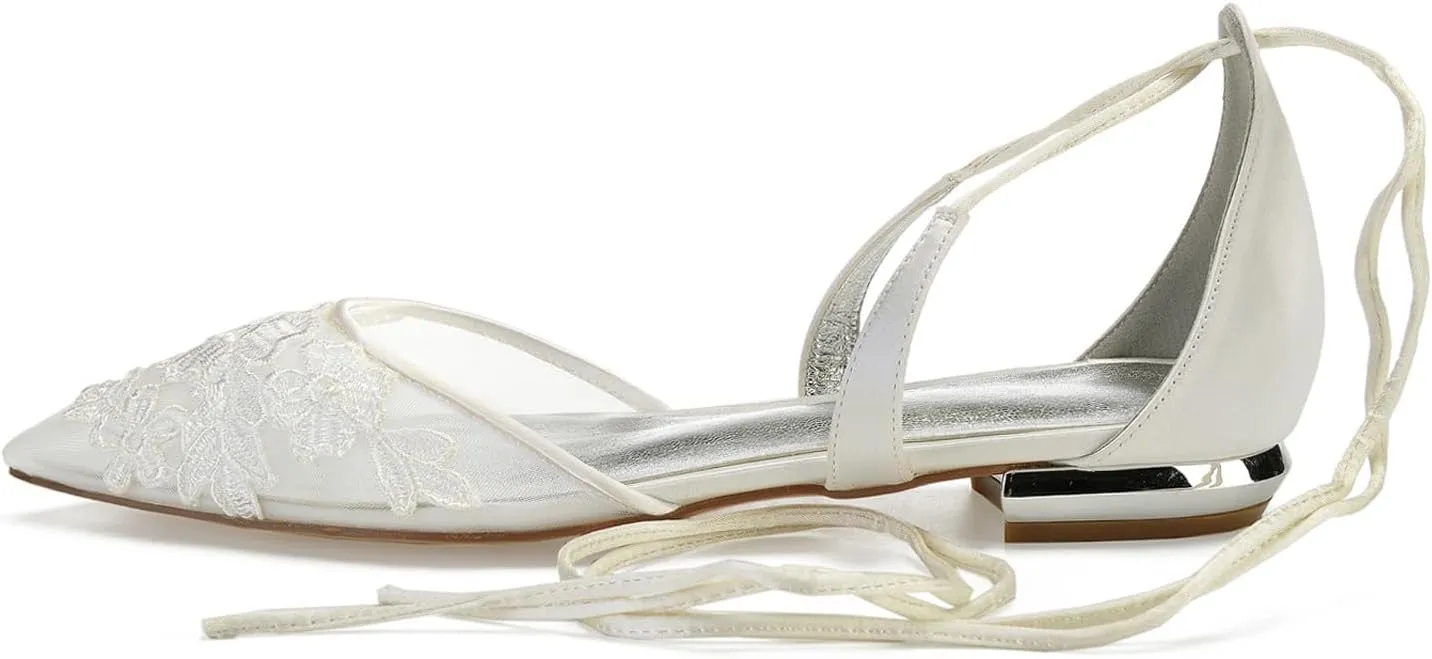 Women's Wedding Flat Satin Closed Mouth Ribbon Tie Ballet Flats Bridal Party Dress Shallow Shoes Ivory Bridal Sandals