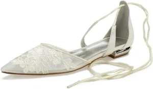 Women's Wedding Flat Satin Closed Mouth Ribbon Tie Ballet Flats Bridal Party Dress Shallow Shoes Ivory Bridal Sandals