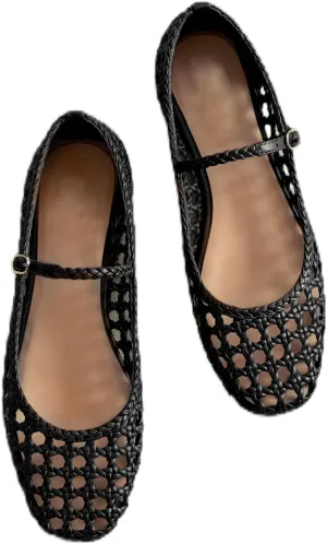 Woven Flats for Women Comfortable Black Flat Shoes Square Toe Mesh Shoes Woven Buckle Strap Mary Janes Dressy Casual Ballet Flats