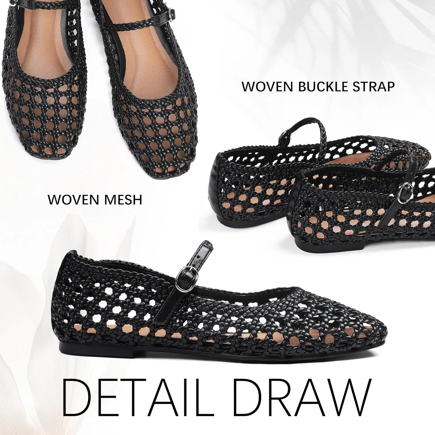 Woven Flats for Women Comfortable Black Flat Shoes Square Toe Mesh Shoes Woven Buckle Strap Mary Janes Dressy Casual Ballet Flats