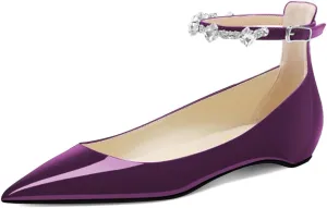 XYD Women Pointed Closed Toe Crystal Ankle Strap Flats Patent Leather Rhinestones Dating Comfy Shoes