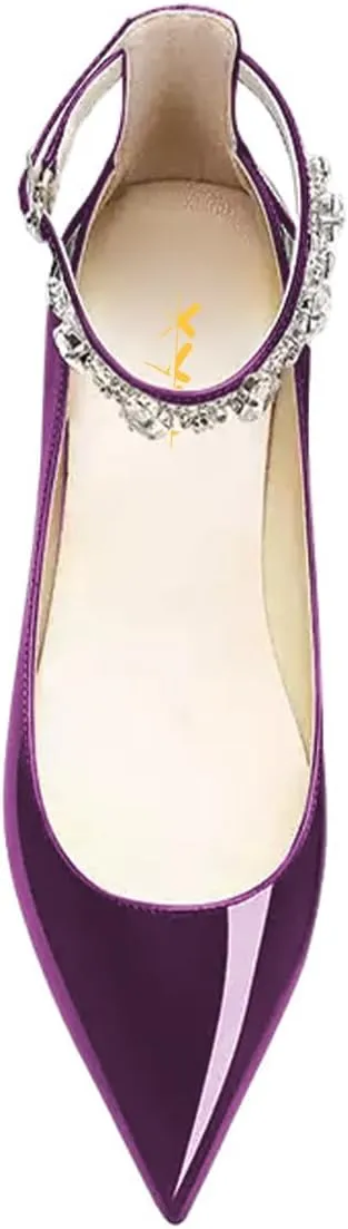 XYD Women Pointed Closed Toe Crystal Ankle Strap Flats Patent Leather Rhinestones Dating Comfy Shoes