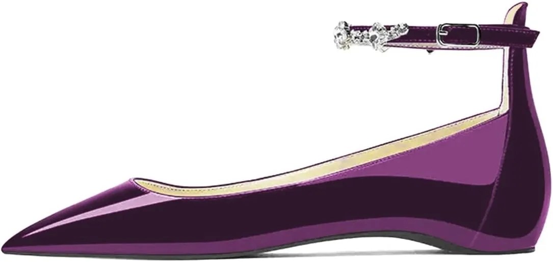 XYD Women Pointed Closed Toe Crystal Ankle Strap Flats Patent Leather Rhinestones Dating Comfy Shoes