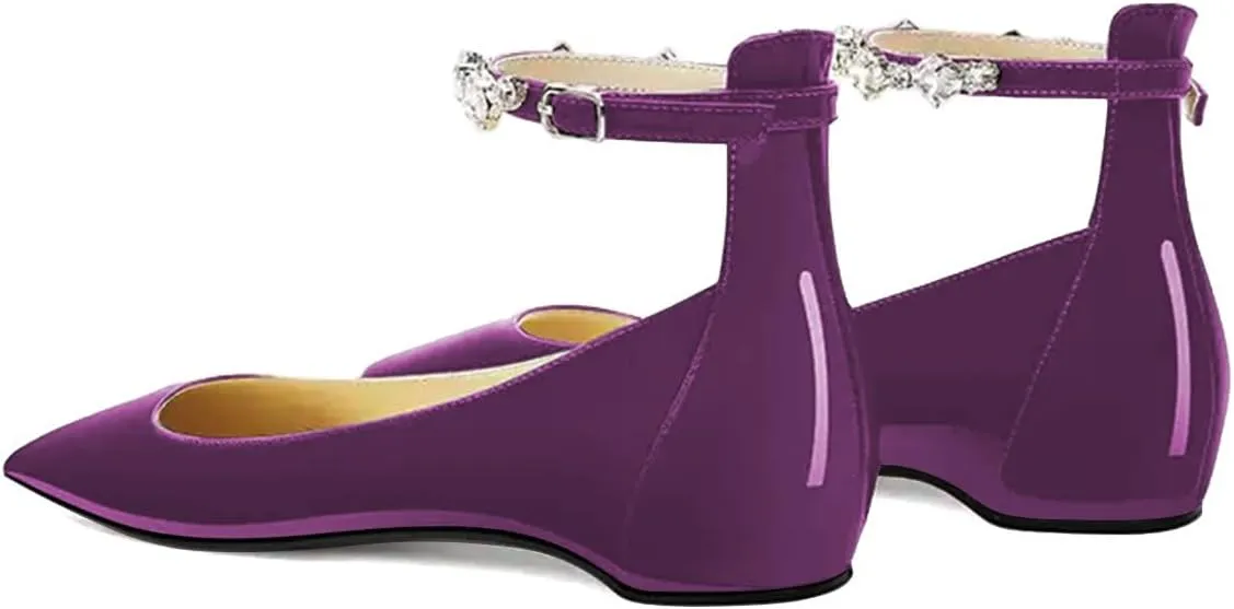 XYD Women Pointed Closed Toe Crystal Ankle Strap Flats Patent Leather Rhinestones Dating Comfy Shoes