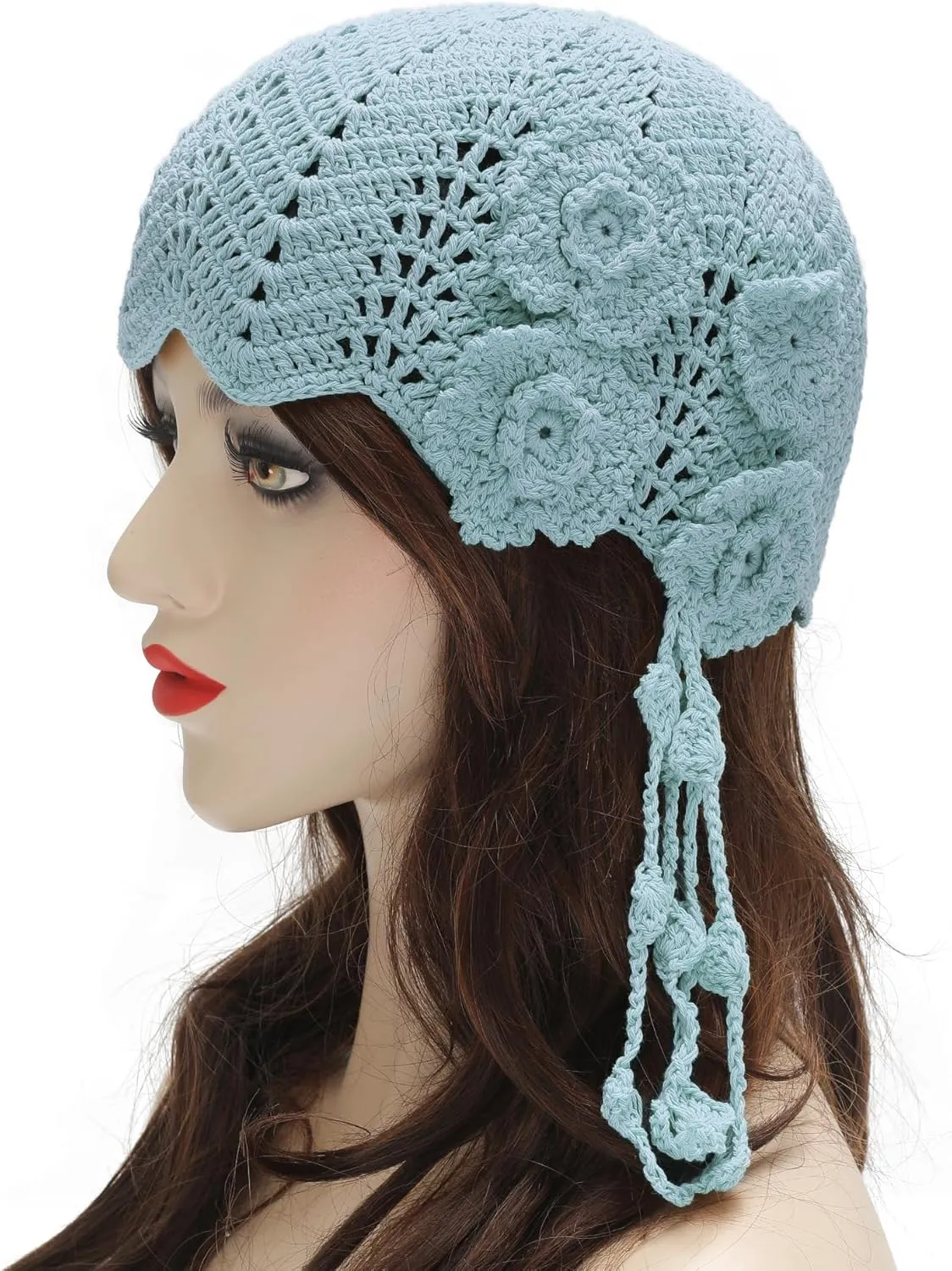 ZLYC Women Cotton Crochet Skull Cap Handmade Knit Cutout Floral Beanie Hat