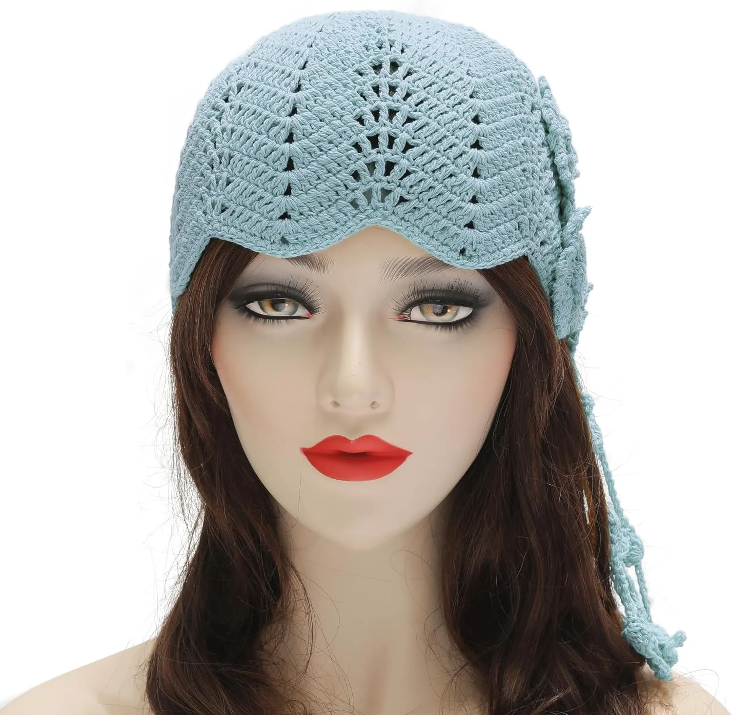 ZLYC Women Cotton Crochet Skull Cap Handmade Knit Cutout Floral Beanie Hat